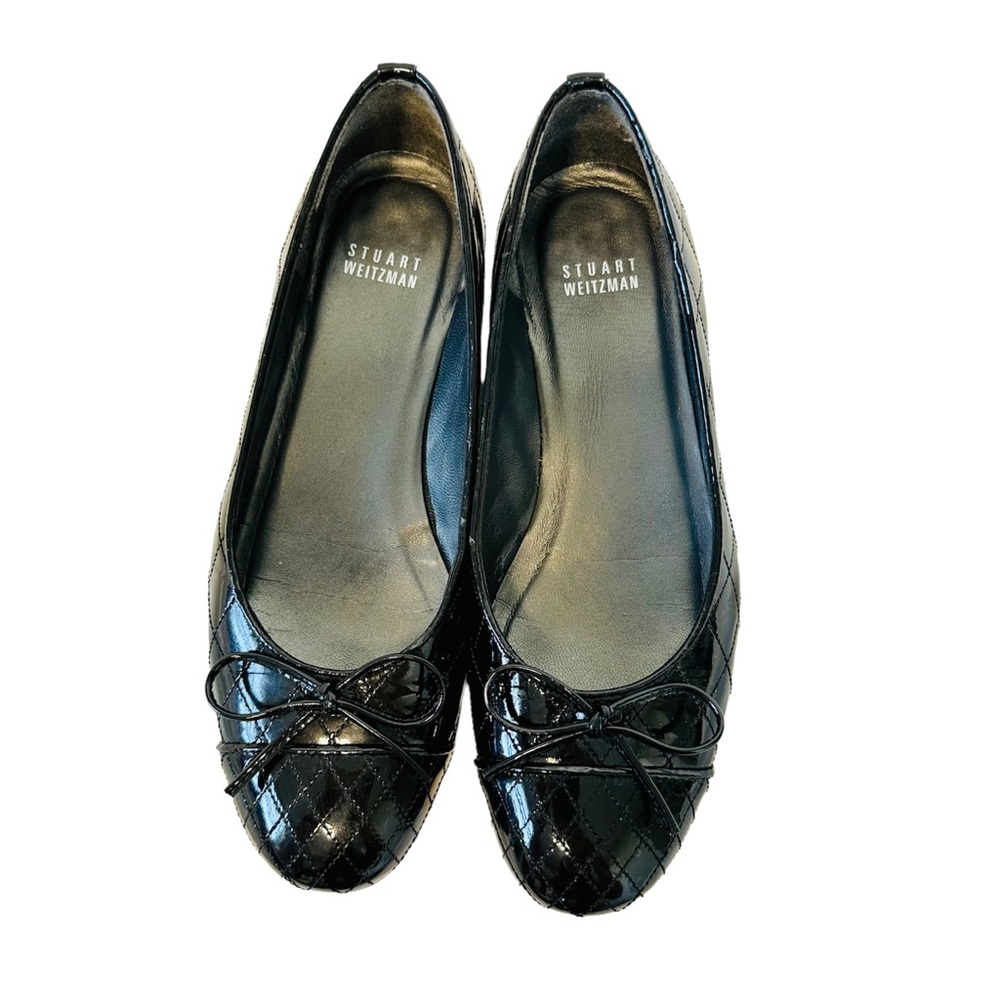 Stuart Weitzman bow quilted patent leather ballerina black flats Quilty - Picture 1 of 15